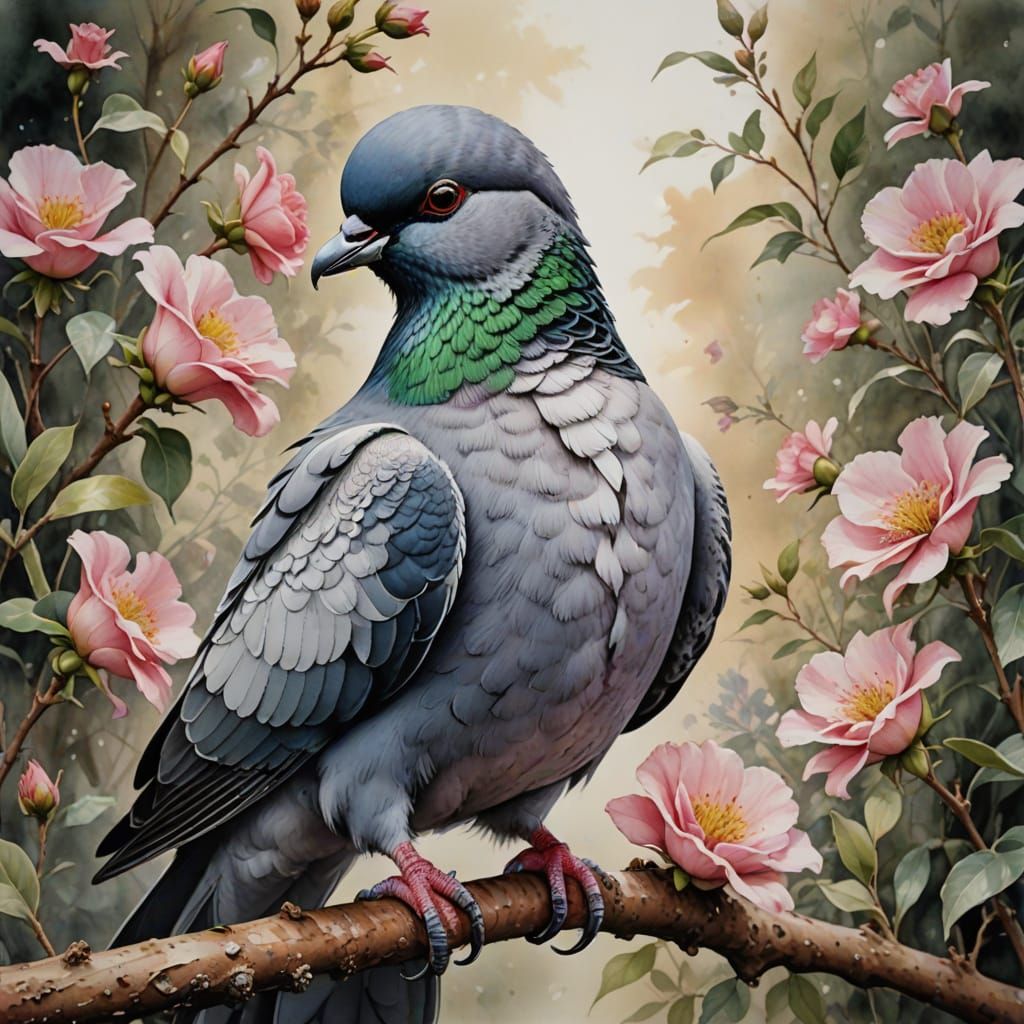 Hyperrealistic Romantic Watercolor of a Free Pigeon