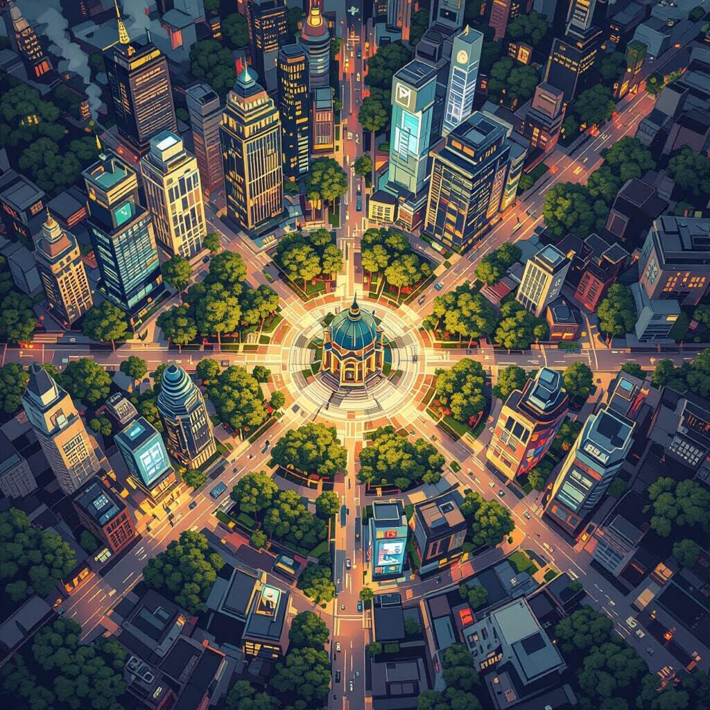 Vibrant City Map with Eco, Tech, and Art Districts