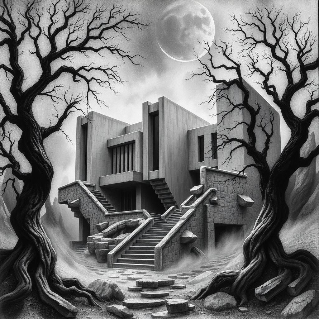 Brutalist Fortress in Dreamlike Landscape, Charcoal Art