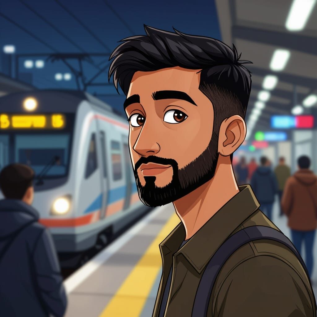 South Asian Man at Busy Train Station in Cartoon Style