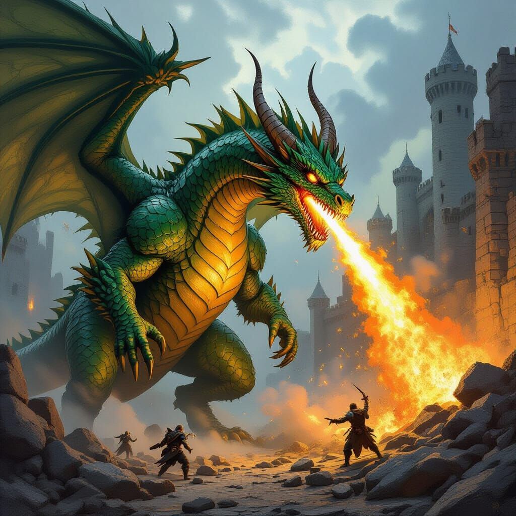 Green Dragon Attacks Dwarven City with Fiery Breath