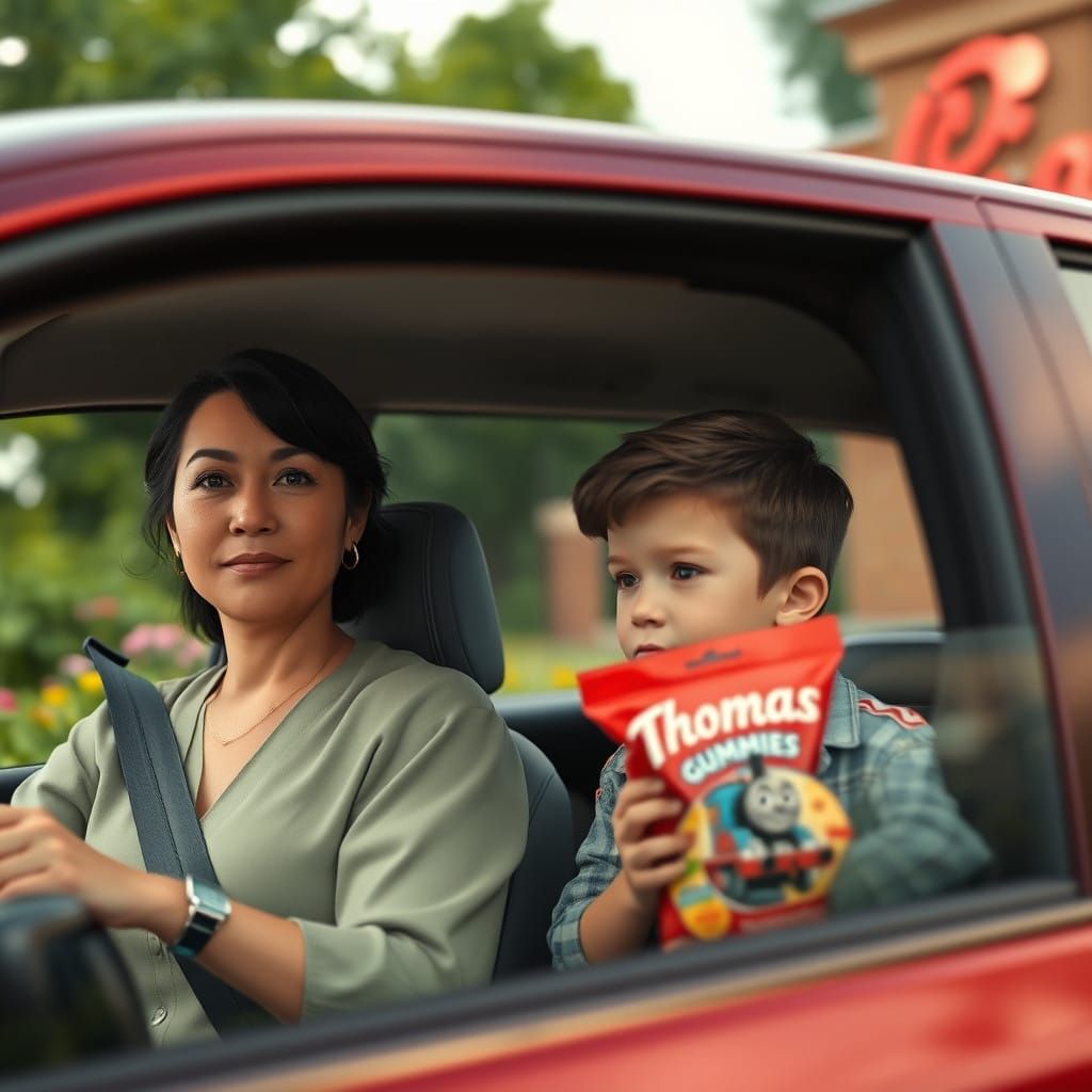 Mother and Son Enjoy a Whimsical Moment Outside Chick-Fil-A