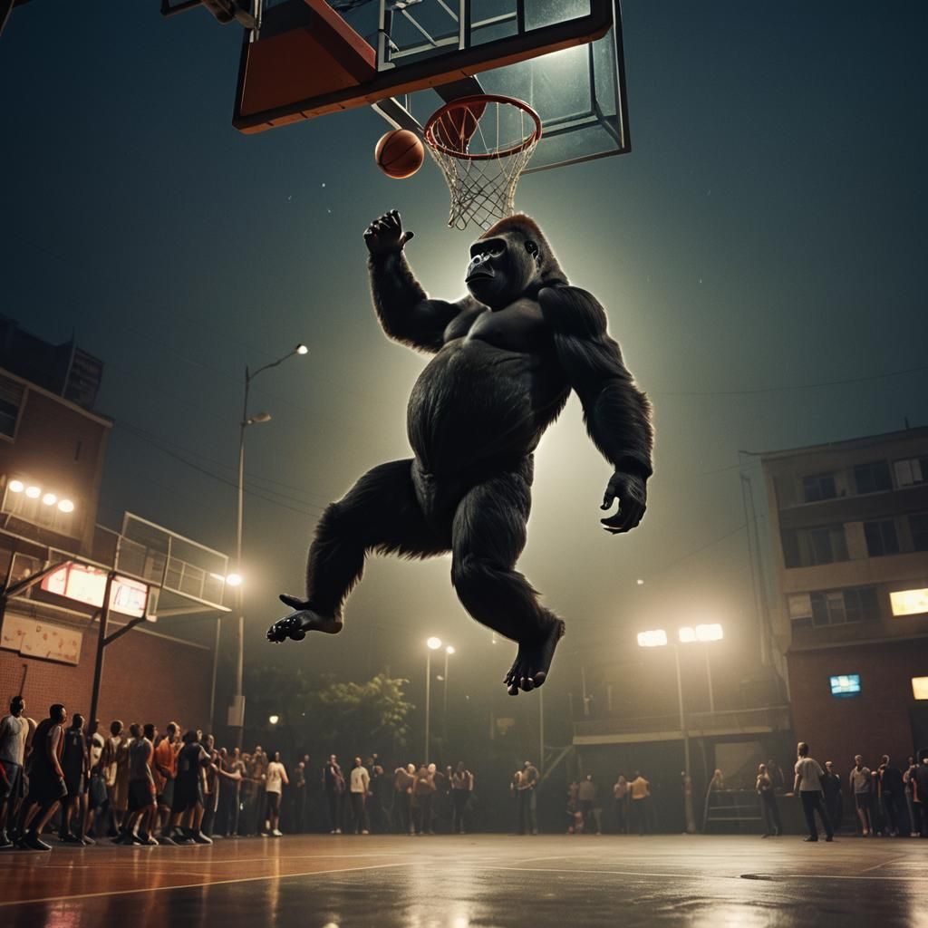 Gorilla Dunking Basketball in Cinematic Urban Arena
