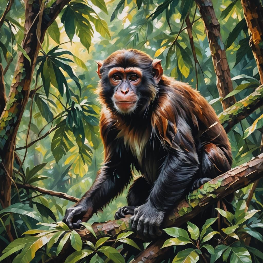 Monkey in Jungle: Impressionist Wildlife Art