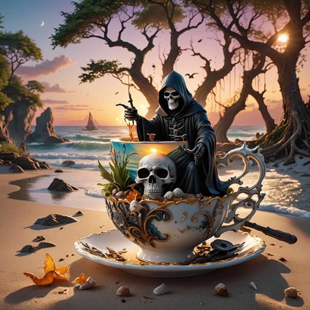 Grim Reaper's Beach Vacation in Magical Teacup