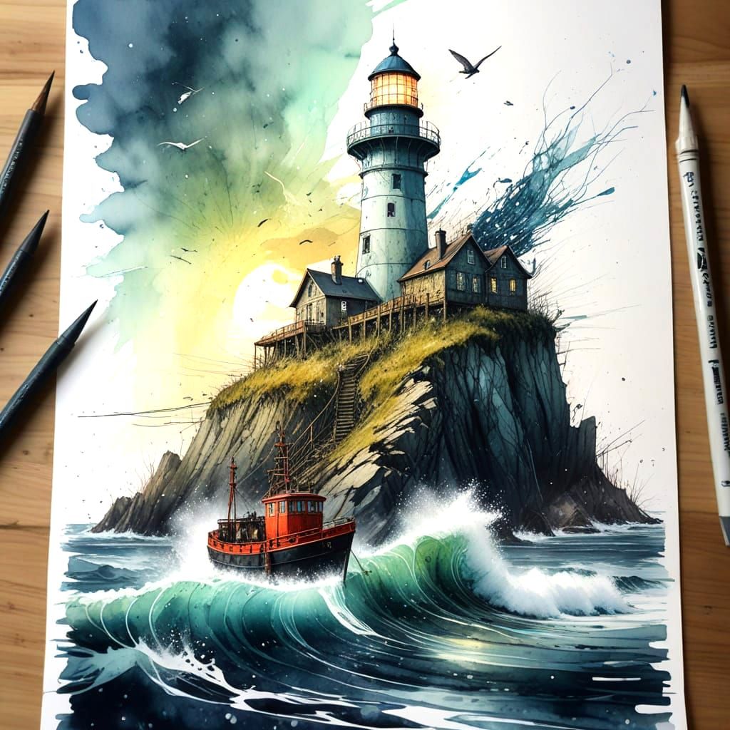 Fantasy Lighthouse on Sea Creature, Watercolour Art