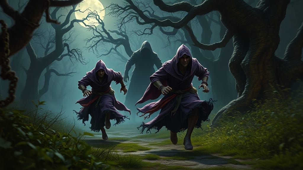 Eldritch Forest Chase: Dark Fantasy Concept Art