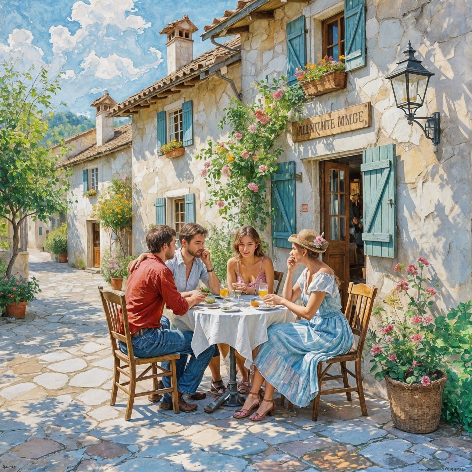 Two Couples at Rustic Inn in Gouache Style