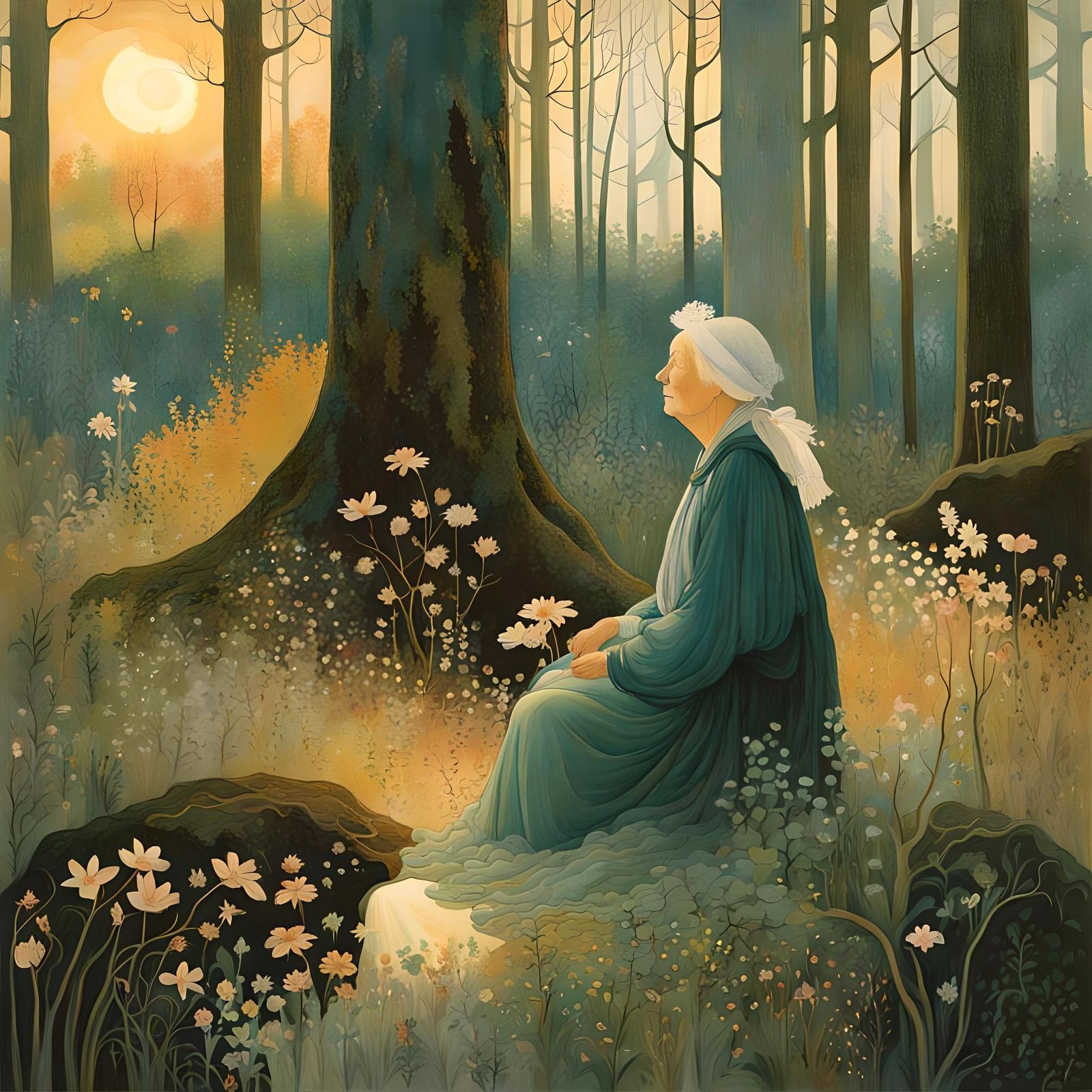Sunrise Forest Woman in Alphonse Mucha Style