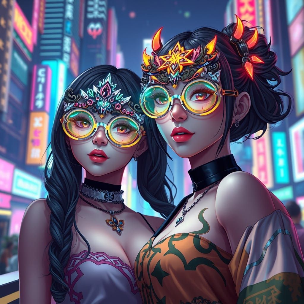 Futuristic Twins Adorned in Elaborate Glasses in a Genshin I...