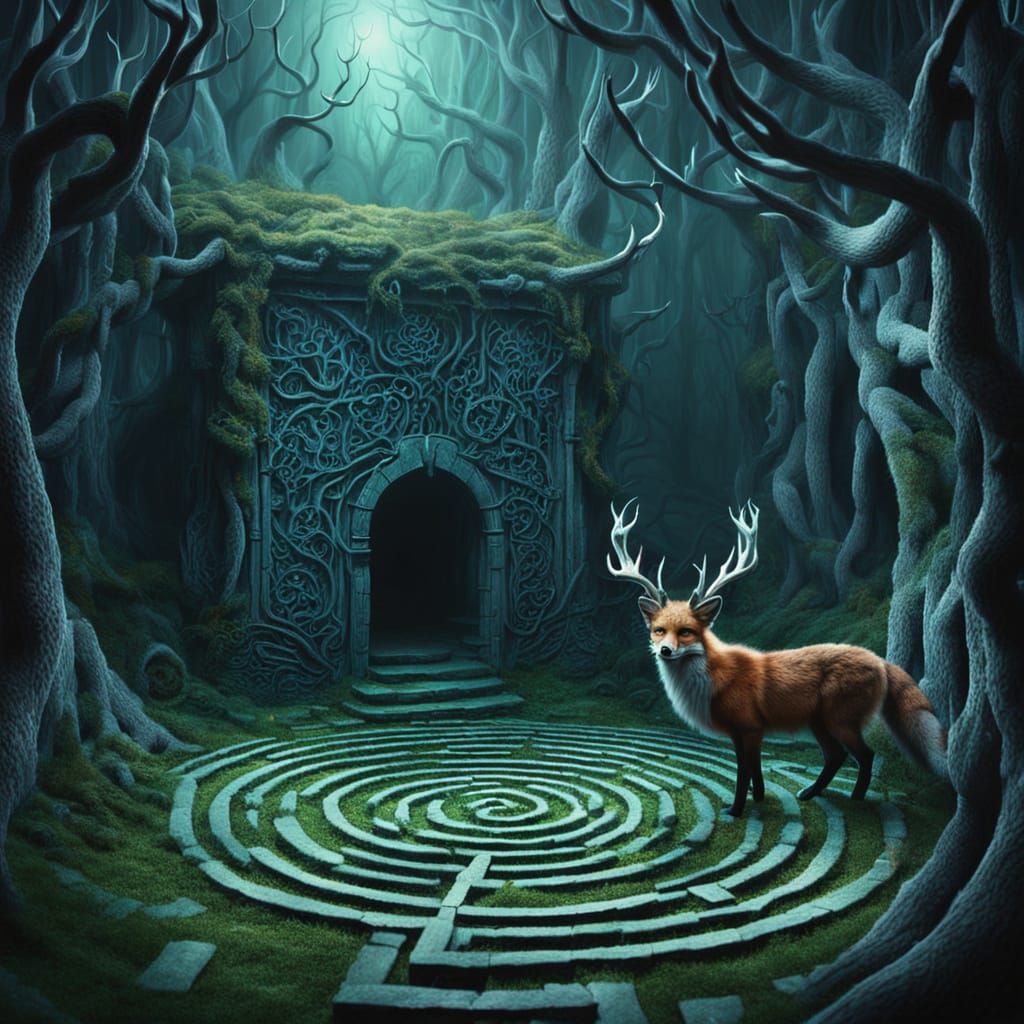 Surreal Haunted Labyrinth with Ethereal Stag and Fox Den