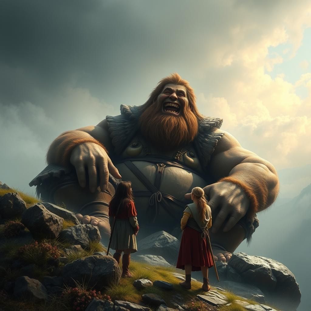 Laughing Giant Talking to Villagers on Hillside