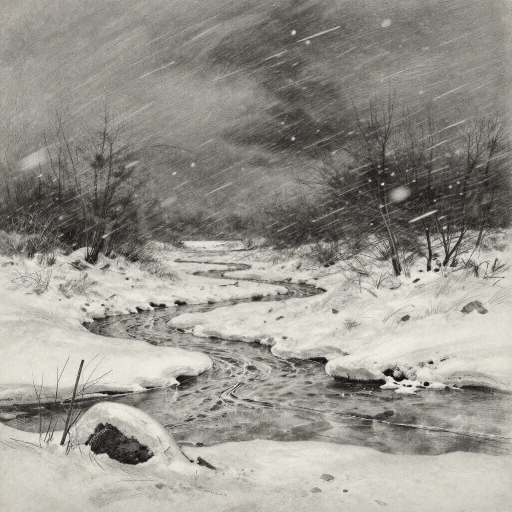 Desolate Winter Landscape Charcoal Drawing