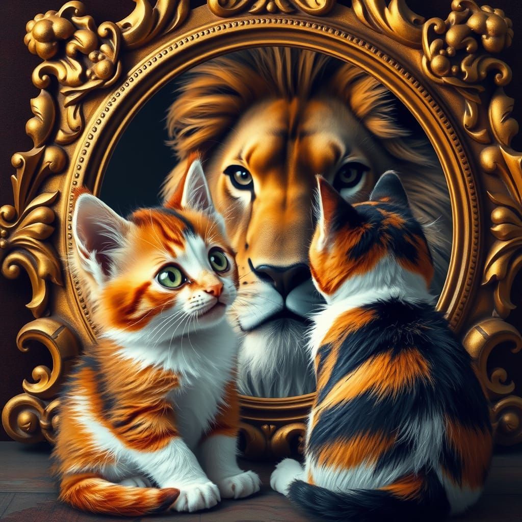 Whimsical Calico Kitten Sees Majestic Lion in Golden Mirror