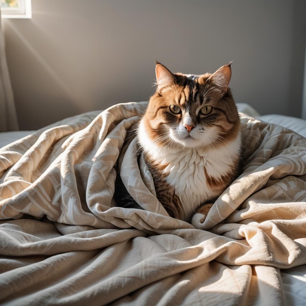 Chubby Cat in Bed on a Sunny Morning
