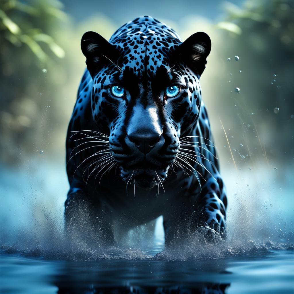 :the Best quality, ultra high resolution, realistic, award winning portrait of a black jaguar walking in water with just...