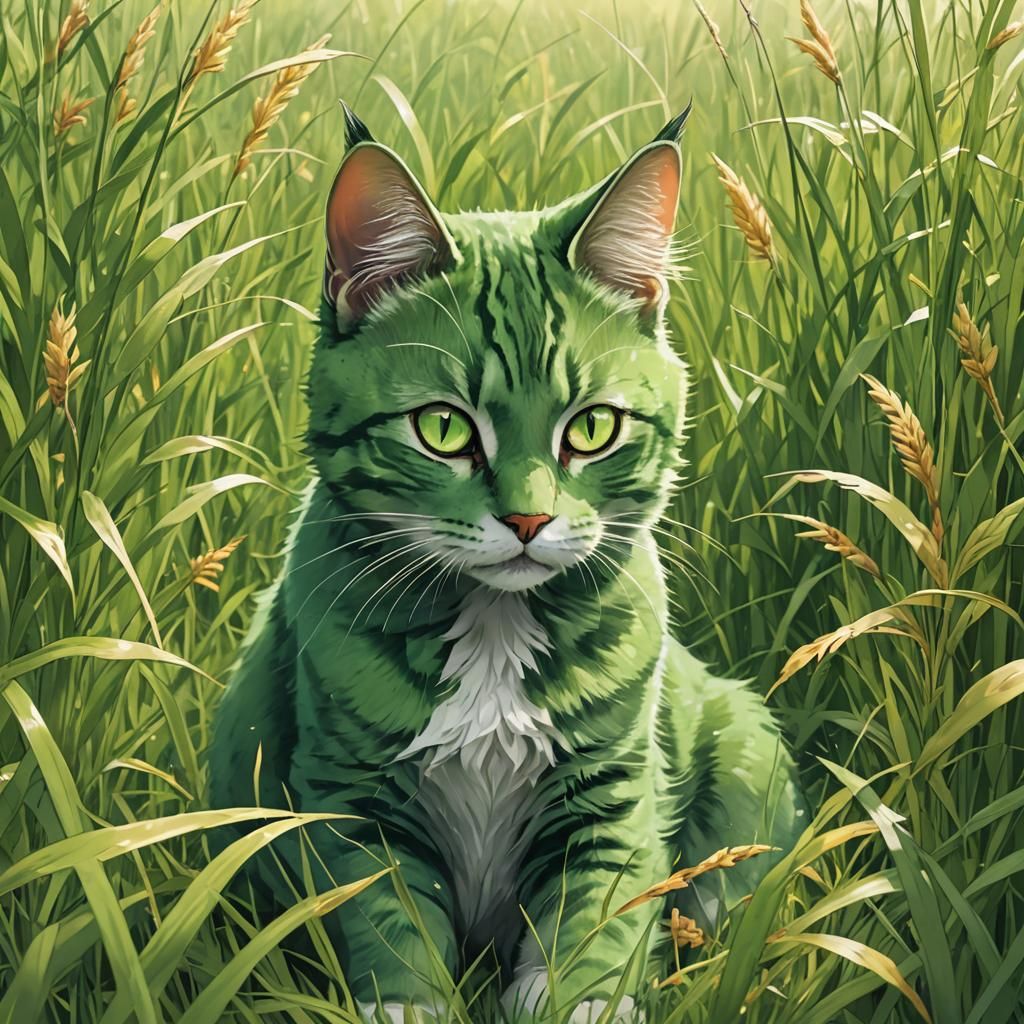 Green Cat with Amber Eyes in Anime Style
