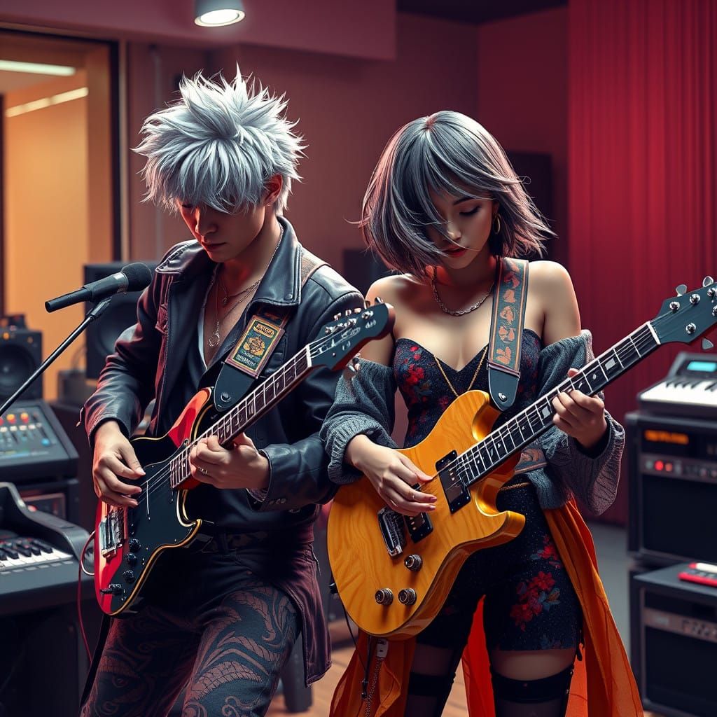 Edgy Twin Musicians in Modern Music Studio