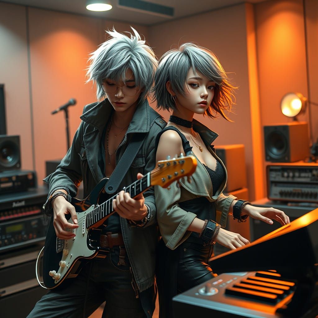 Surreal Anime Musicians in High-Fashion Studio