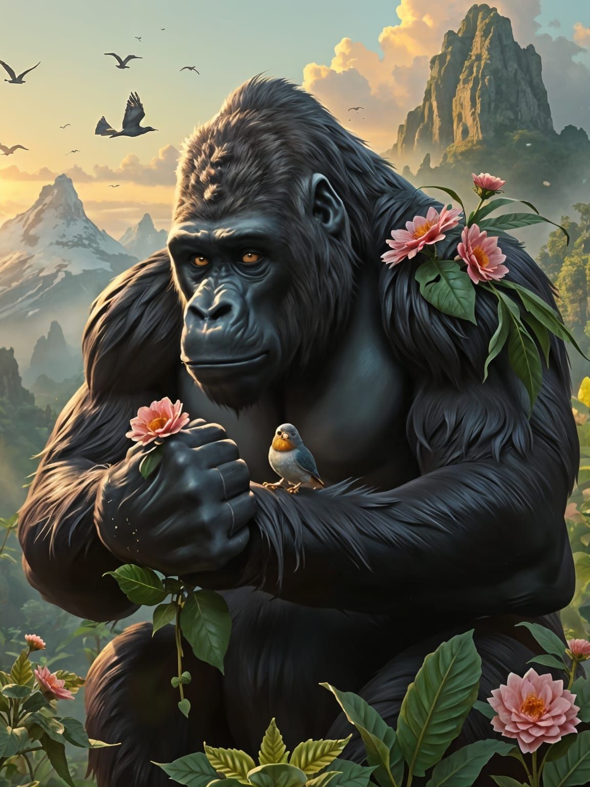 Giant Gorilla Cradles Bird in Misty Sunrise Landscape