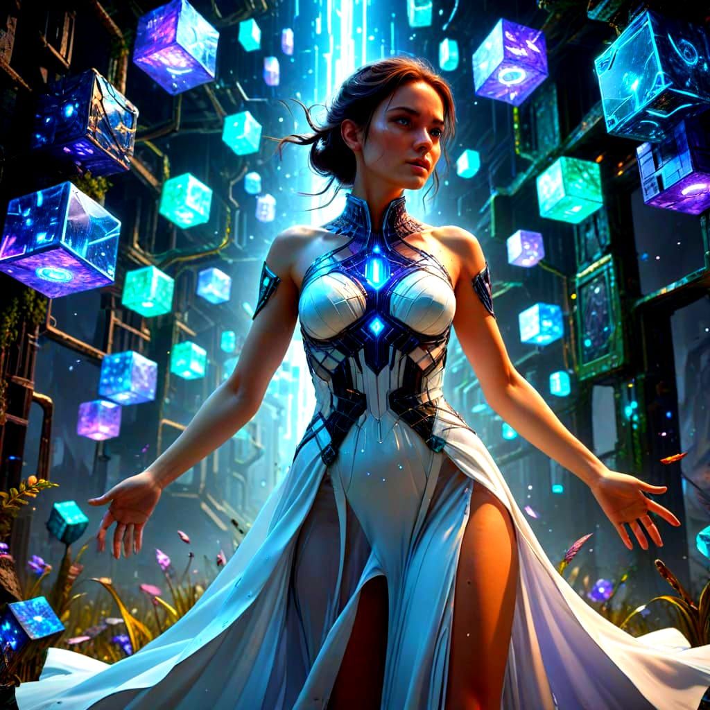 Futuristic Woman in Digital Code Infinity Field