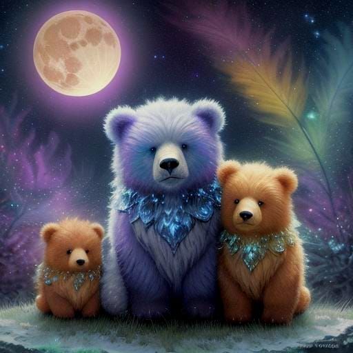 Chibi Bears Sleeping on Bioluminescent Moon