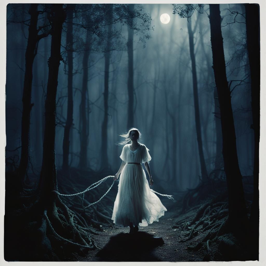 Ethereal Woman Walks Under Dark Moonlit Forest Canopy