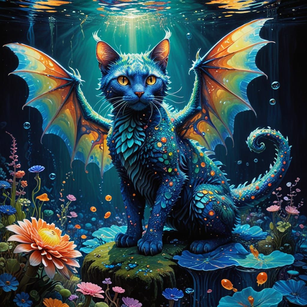 Surreal Cat-Dragon Meets Jellyfish in Vibrant Oceanic Scene