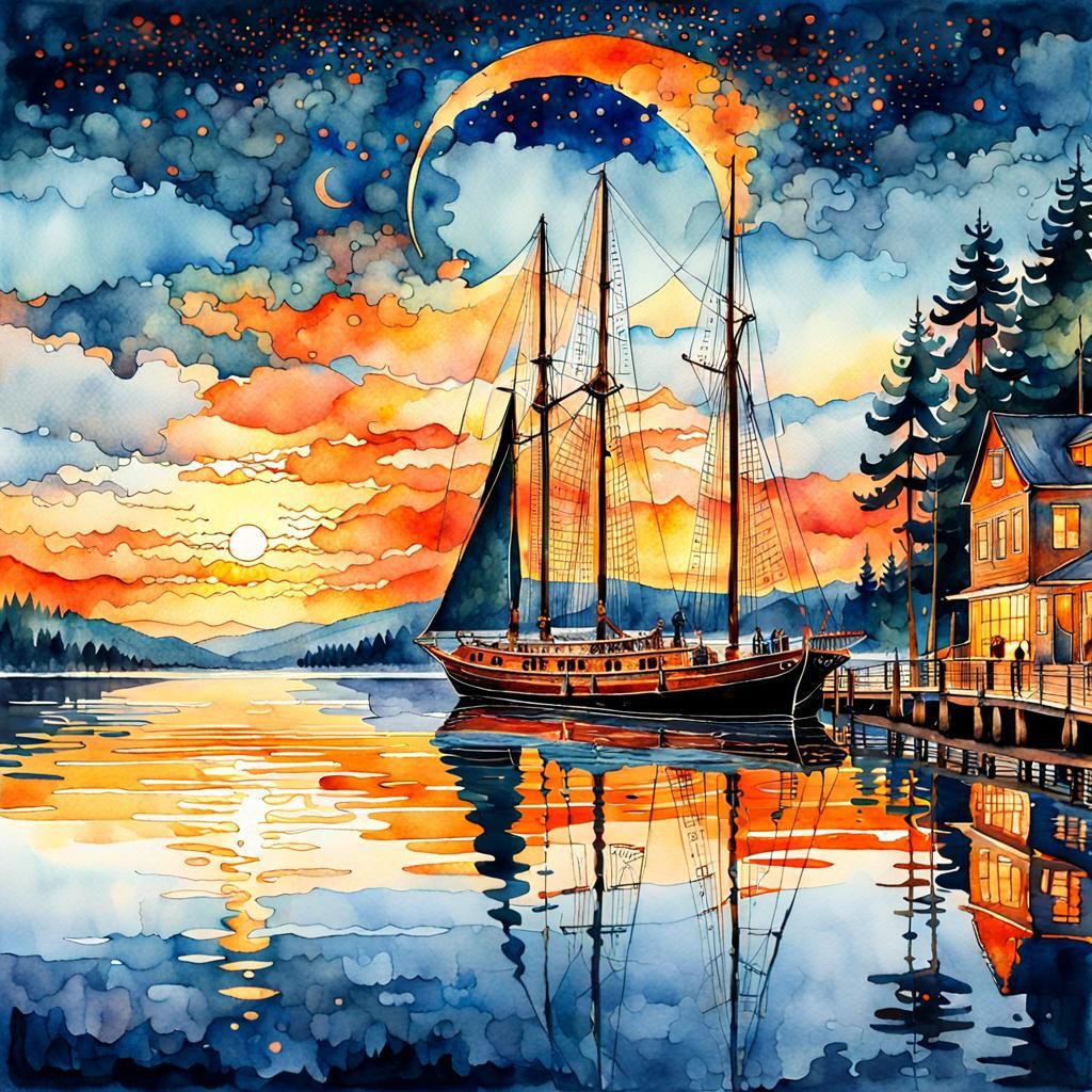 Schooner on Lake at Sunset: Klimt-Inspired Watercolor
