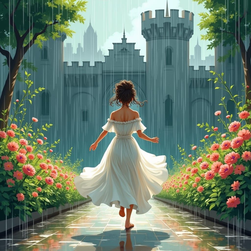 Anime Girl Runs Through Rainy Castle Garden