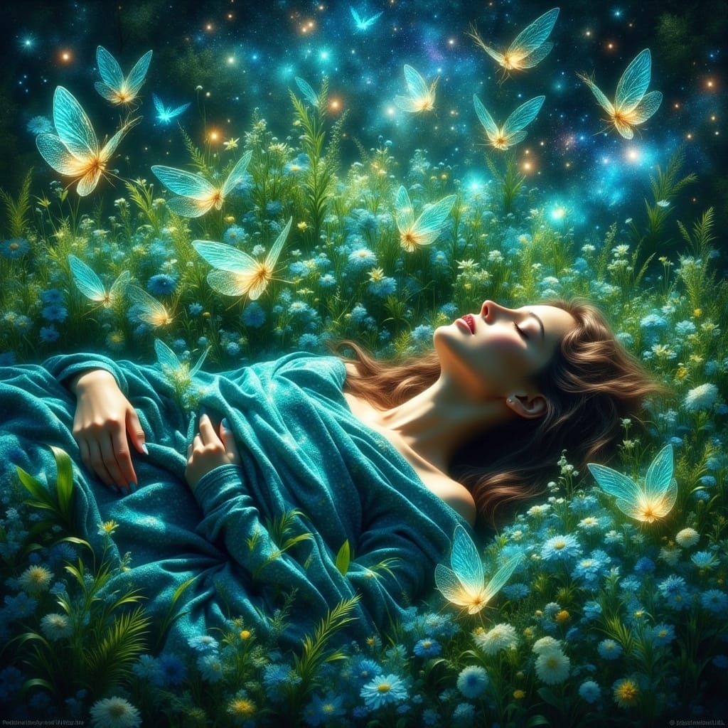 Woman Dreaming of Joyful Dragonflies in Cosmic Landscape