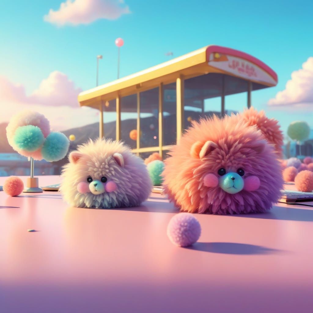 Pastel Kawaii Pom Poms on Desks: Digital Art