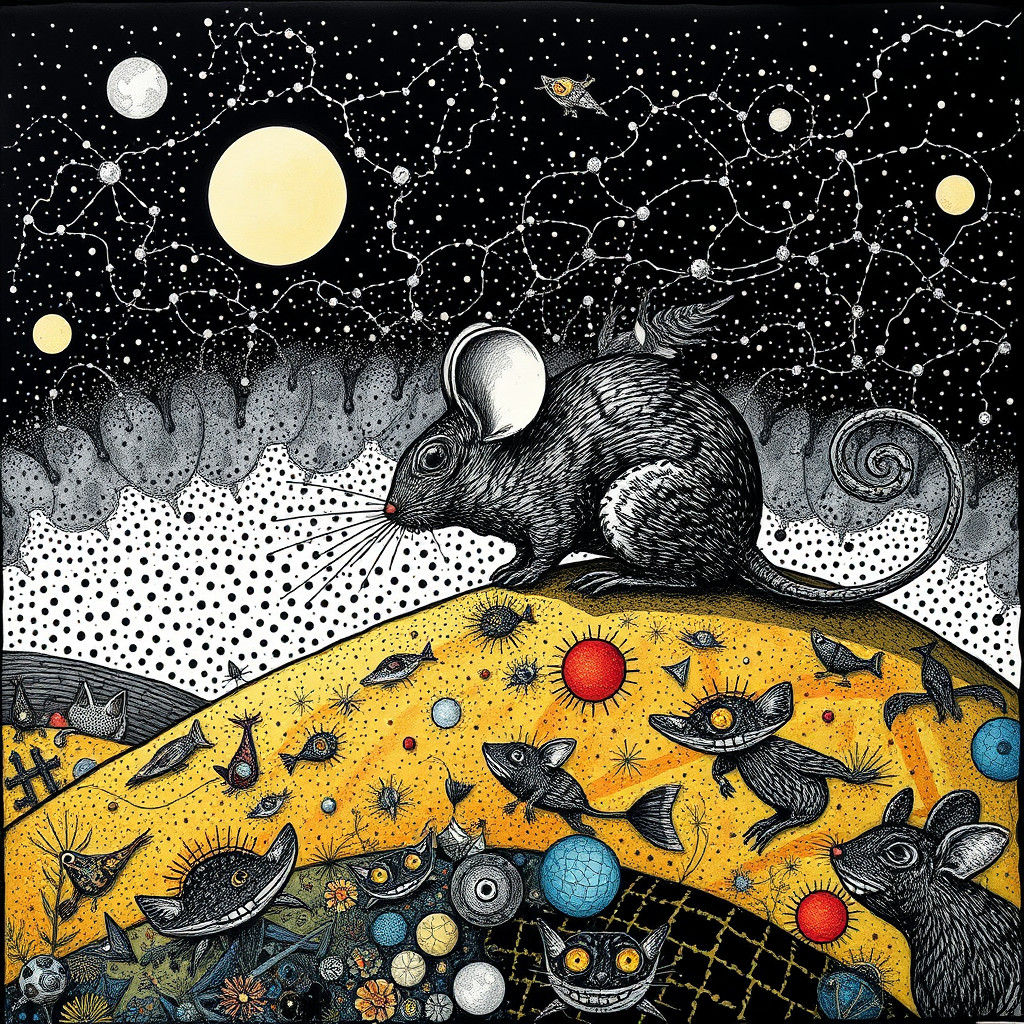 Surreal Mouse on Hill, Ink Painting