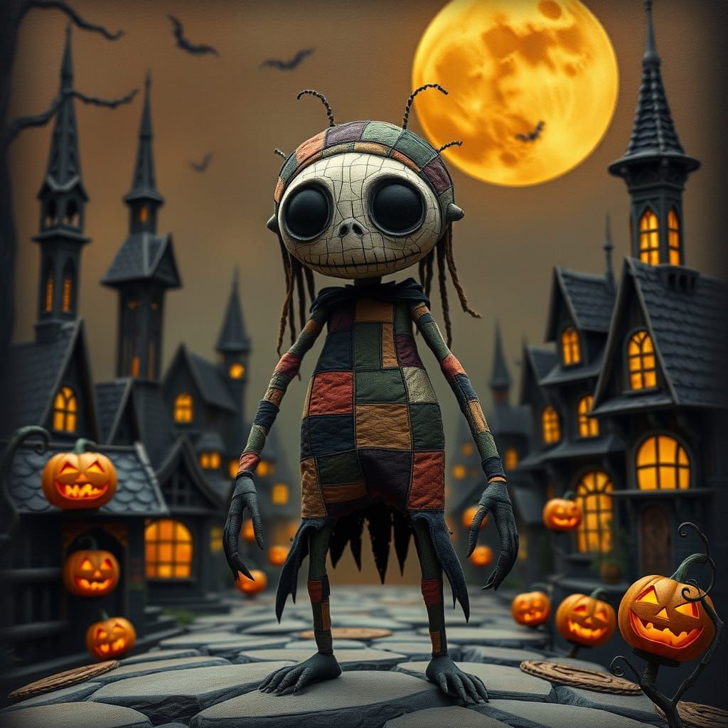 Patchwork Character in Spooky Town, Dark Whimsical Style