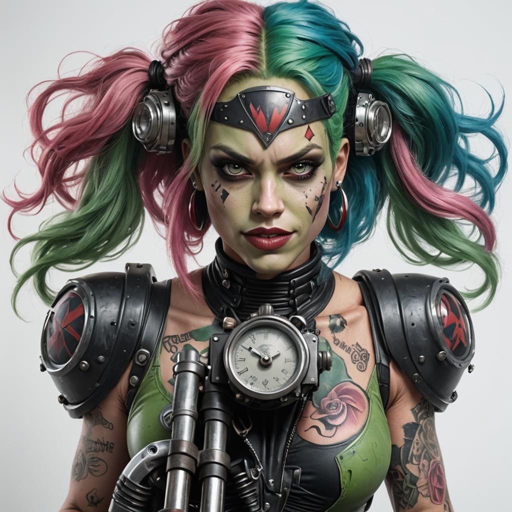 steampunk Harley_Quinn_face, hair—one half blue and the other half pink