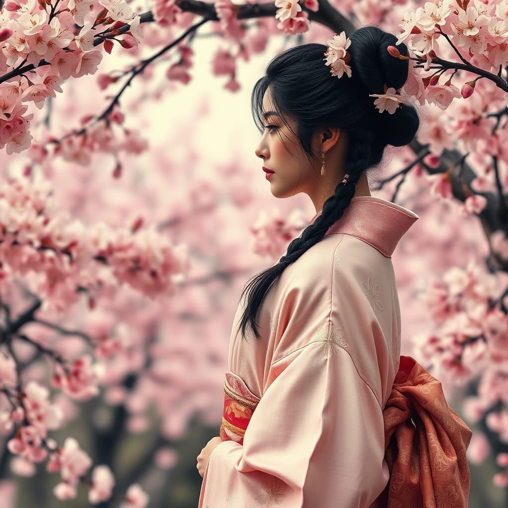 Ethereal Japanese Woman in Traditional Kimono Amidst Bloomin...