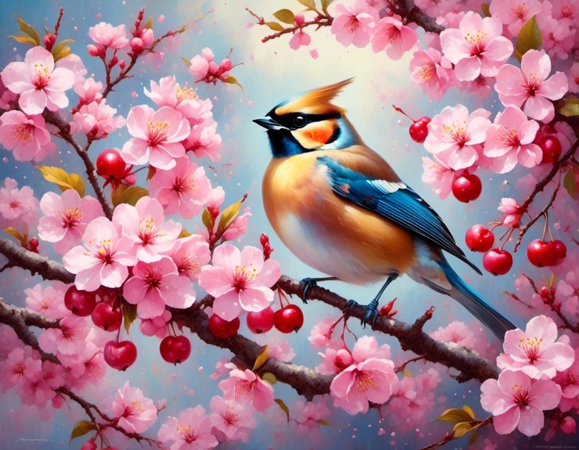 Cedar Waxwing in Cherry Tree, Gouache Impressionist Masterpi...