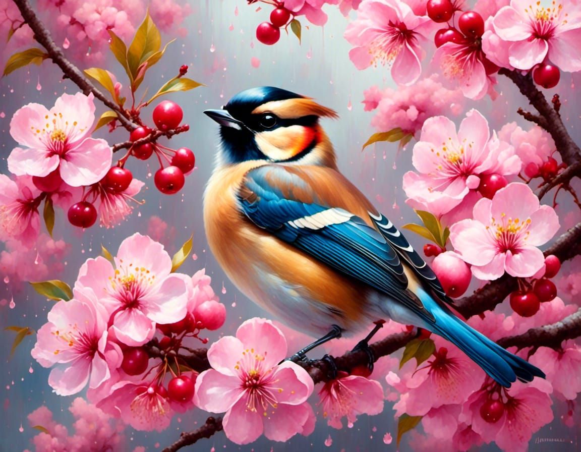 Cedar Waxwing on Cherry Tree, Gouache Impressionist Style