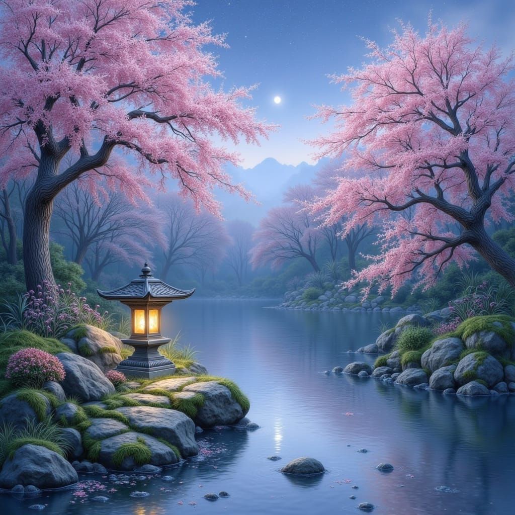 Tranquil Twilight Japanese Garden with Falling Blossoms