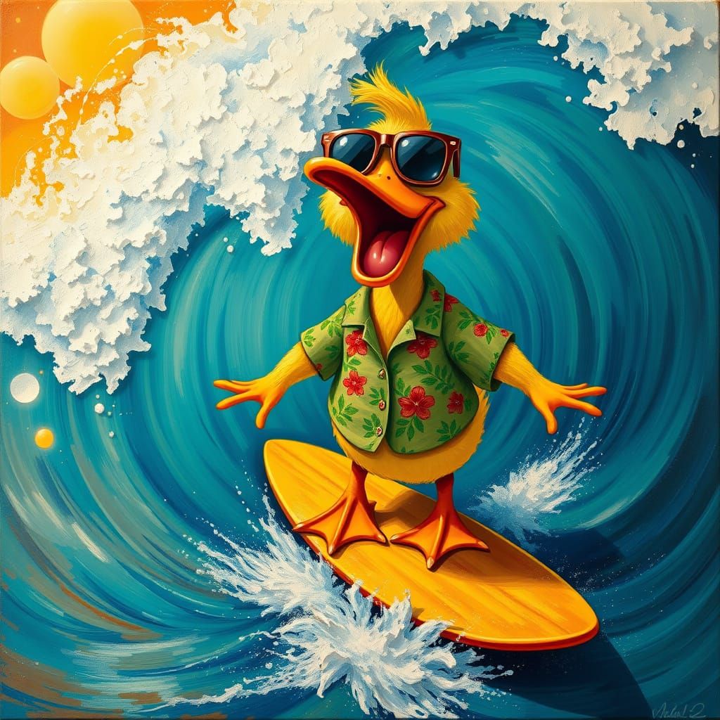 Vibrant Lowbrow Surfing Duckling in a Turquoise Wave