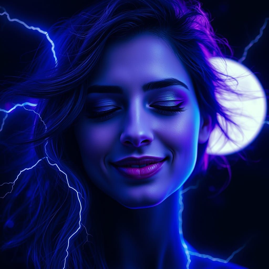 Surreal Woman's Face in Ethereal Lightning Storm