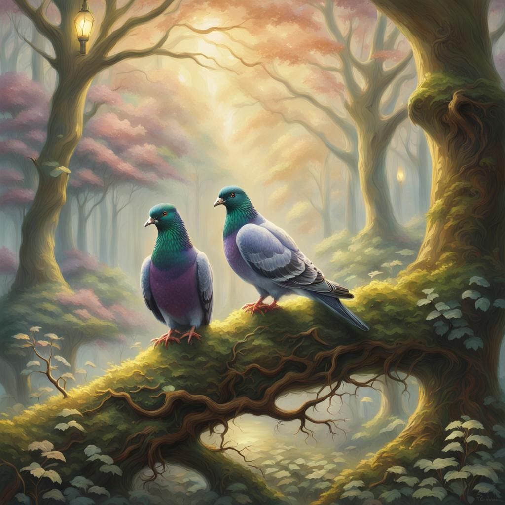 Pigeons in Misty Forest Glade, Ethereal Fantasy