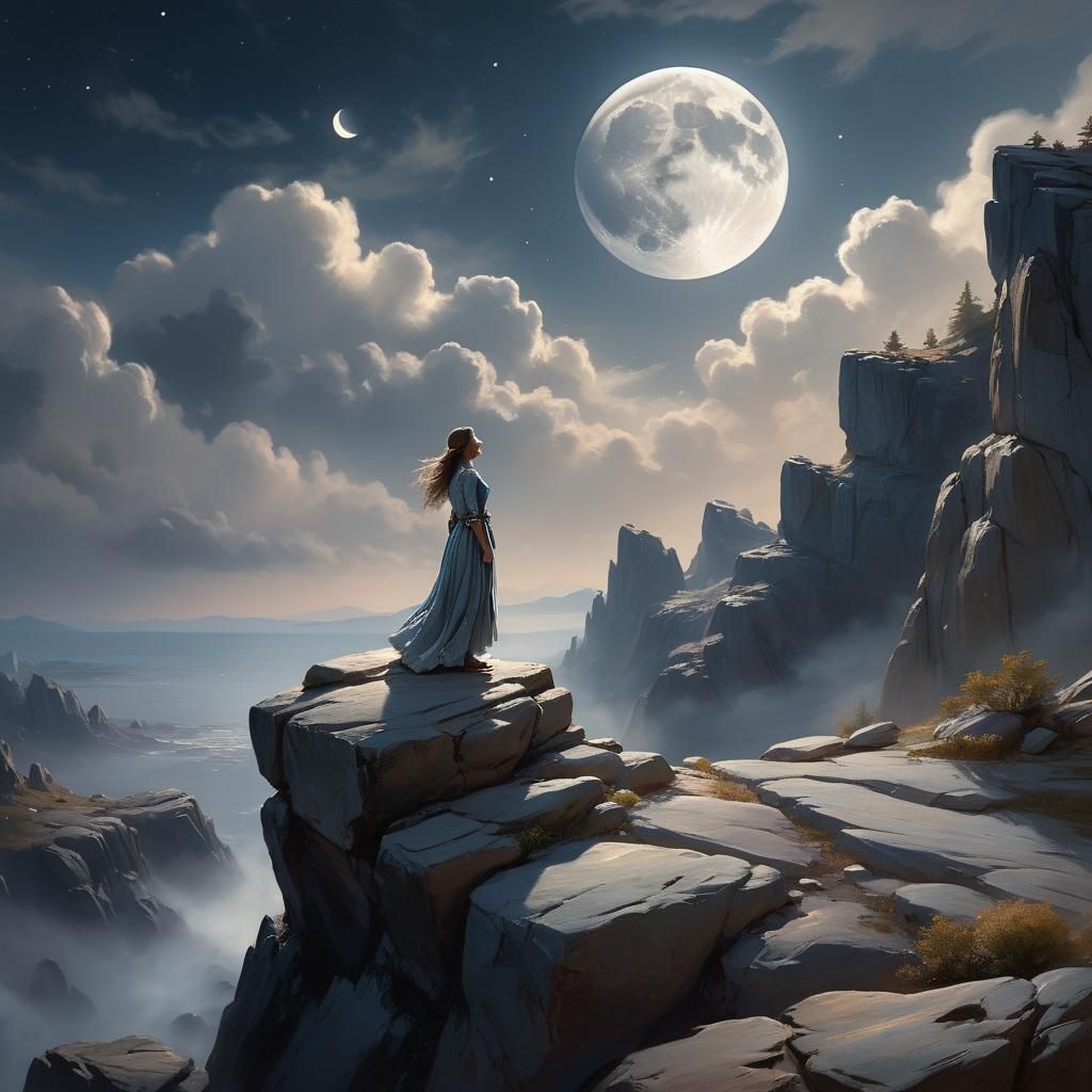 Woman Stands Alone Under the Full Moon in a Dreamy, Ethereal...