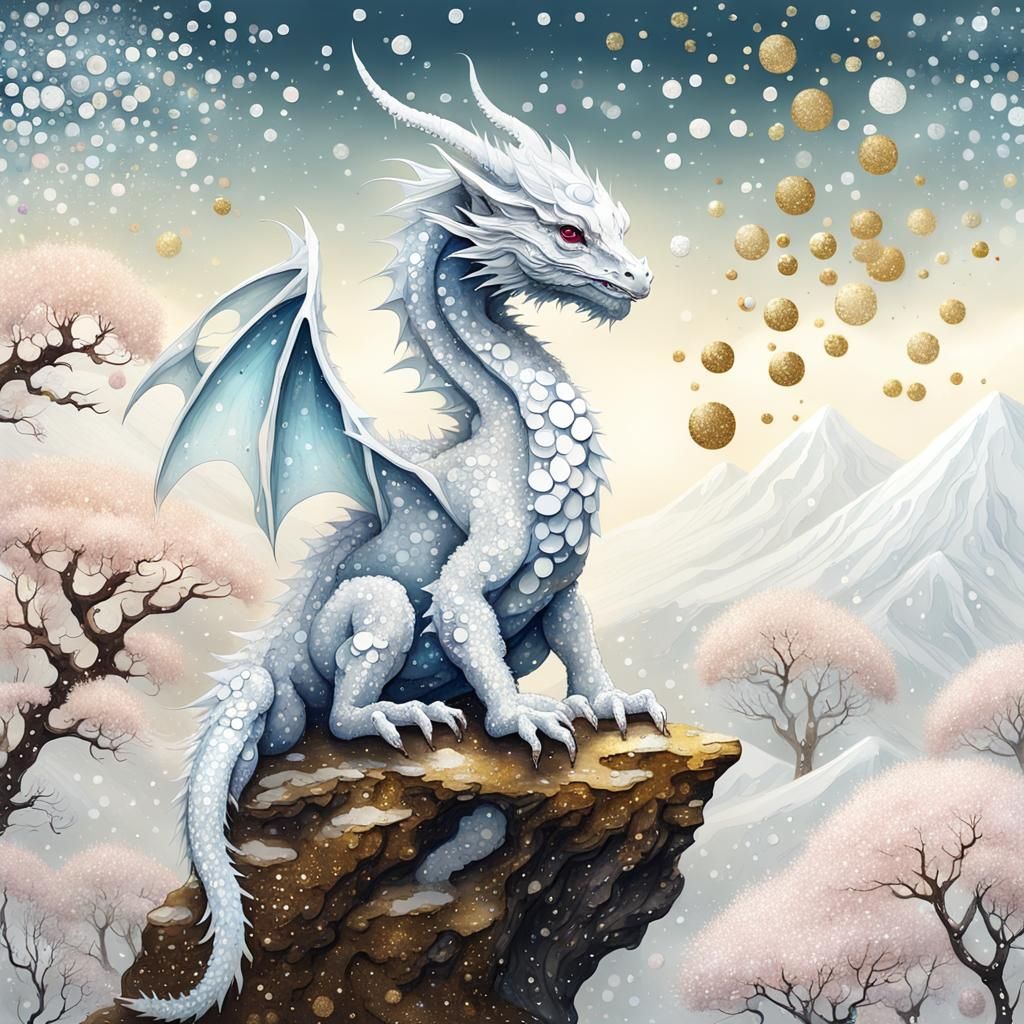 Glittering White Dragon in Water, Klimt-Inspired Art