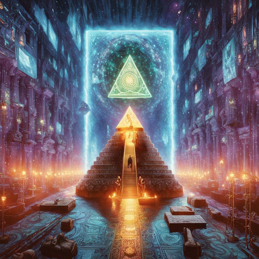 Digital Pyramid in Space with Egyptian Symbols and Neon Circ...