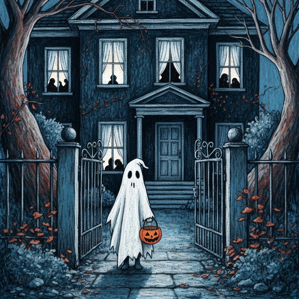 Child in Ghost Costume at Haunted House Gate