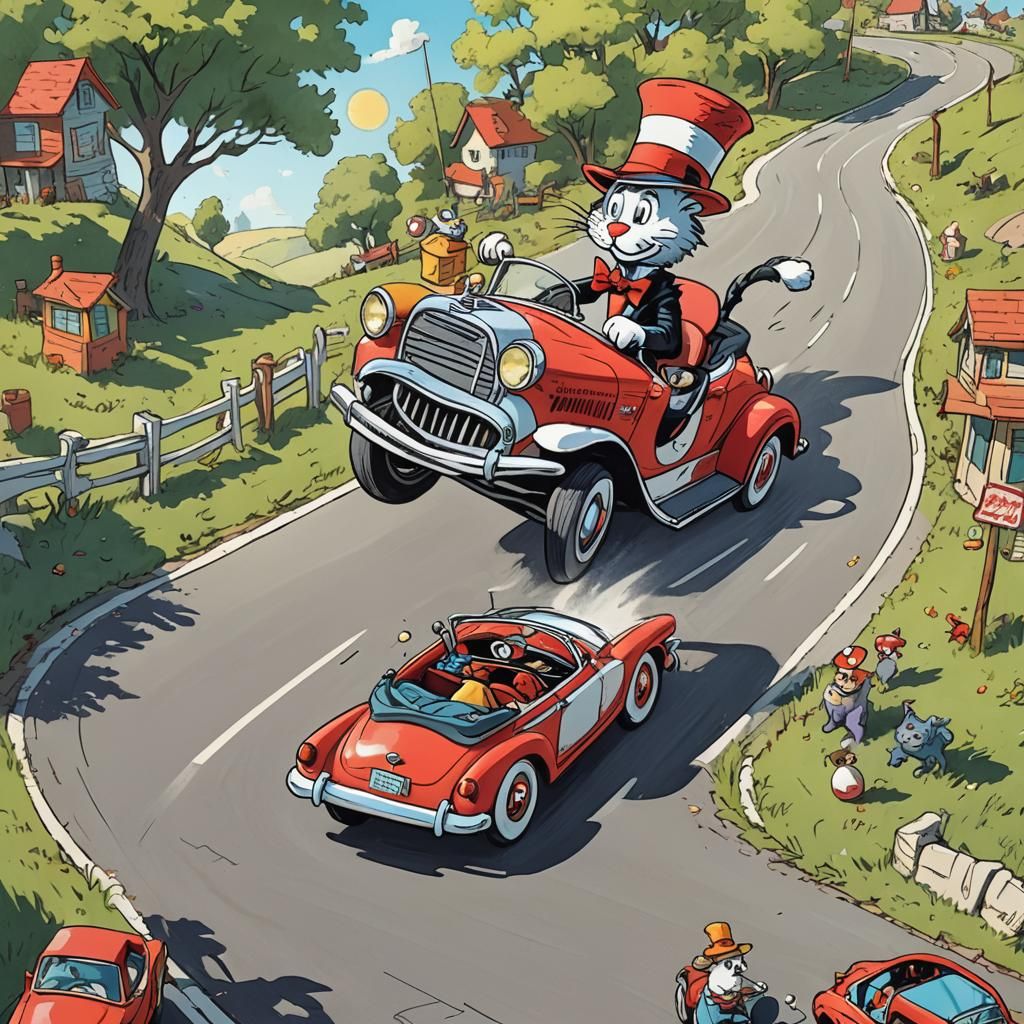 Whimsical Feline Speedster Cruises Down a Sunny Road