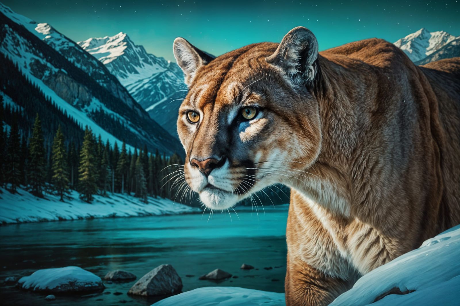 Cougar Portrait in Snowy Landscape, Tonalist Illustration