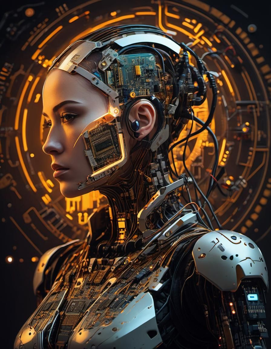 Cyborg Girl with Circuit Board in Kurzgesagt Style