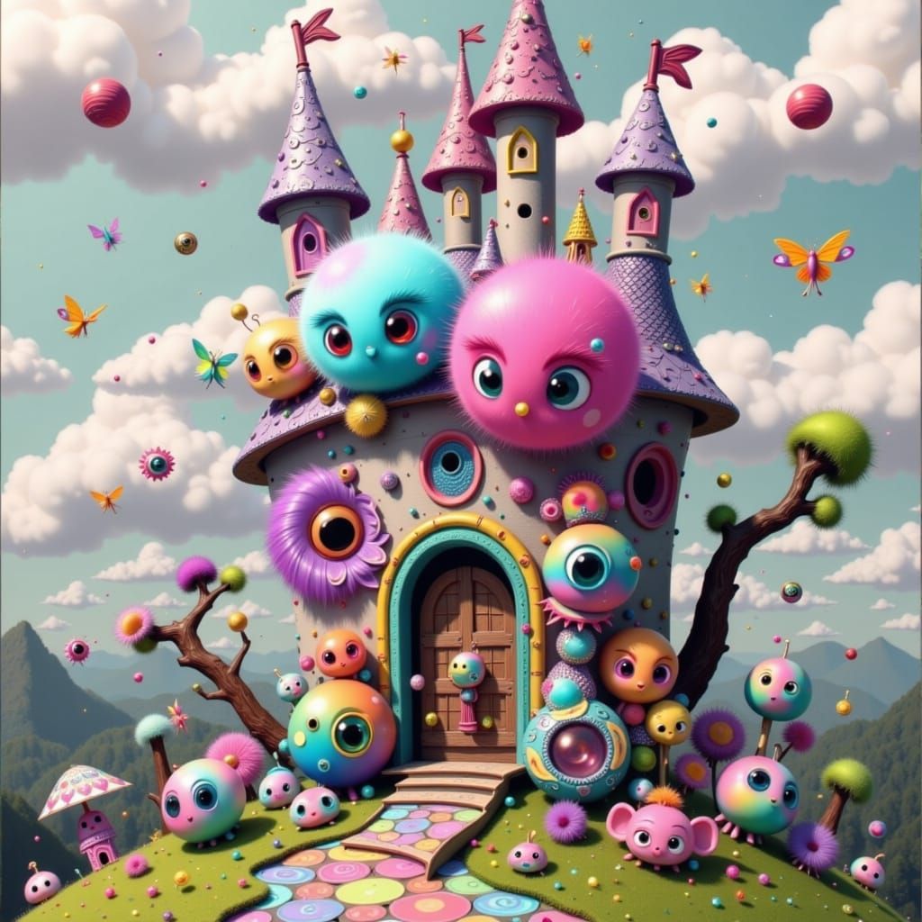 Rainbow Creatures in Whimsical Birdhouse Castle